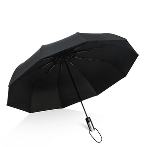 Detailed view of an open black automatic umbrella showcasing sturdy rib structure and nylon fabric
