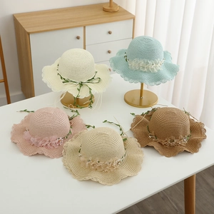 Girls Straw Hat Woven Paper Sun Protection Scalloped Edge Floral Artificial Pearl Decor Summer Outdoor Beach Breathable Sunhat
