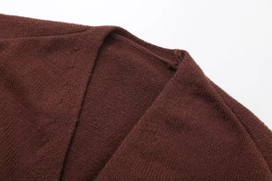 Detailed macro view of the dark brown knitted cardigan V-neck and premium texture