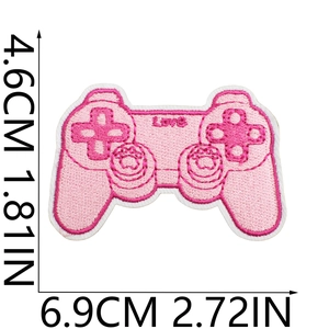 Pink game controller embroidered patch with Love text and size measurement scale