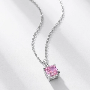 Elegant S925 sterling silver necklace with a square pink ice-cut carbon diamond pendant