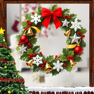 Close-up of a Christmas wreath with a red bow, golden bells, and berries for home decor
