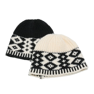 Women's knit beanies in black and beige with geometric patterns for autumn and winter