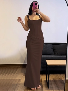 Slim fit dark brown square neck corset maxi dress for evening party and banquet wear