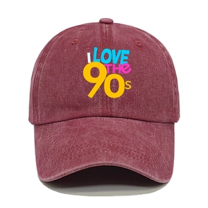 Detail of red washed cotton baseball cap featuring vintage I LOVE THE 90s colorful print