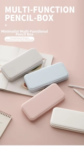 Close-up of matte multi-functional pencil box with waterproof compartments and soft colors