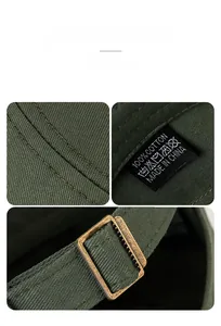 Detailed view of green cotton cap with metal buckle and 100 percent cotton washing label