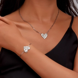 Modern 925 sterling silver heart jewelry set with textured pendant necklace and bracelet