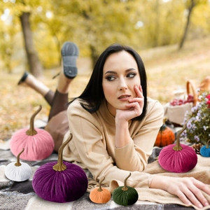 Close-up of velvet decorative pumpkins in various sizes and vibrant festive colors