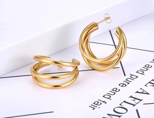 Chic 18K gold-plated triple-layer circular C-shaped stud earrings for women in titanium steel