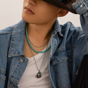 Men Retro Western Cowboy Layered Necklace Alloy Turquoise Beaded Chain With Hat Pendant Hip Hop Jewelry