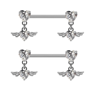 Paire de piercings téton en acier avec pendentifs ailes d'ange en cœur et pierres CZ