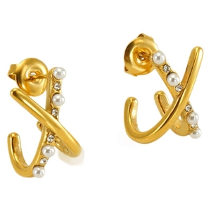 Elegant gold-plated cross X earrings with white pearls and sparkling rhinestones