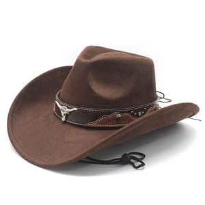 Cappello Da Cowboy Occidentale Scamosciato Fibbia Testa Di Toro Fascia Pelle Cordino Regolabile Retro Jazz Etnico