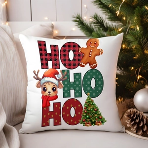 Housse de coussin de Noël en lin avec motifs de cerf et sapin et texte HO HO HO festif