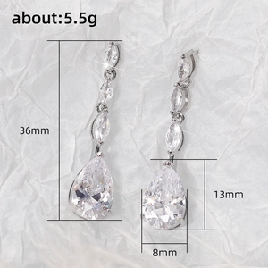 Silver drop earrings with marquise and pear cut zircon stones, 36mm elegant bridal jewelry