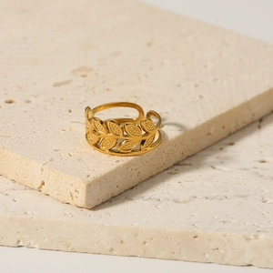 18k gold plated stainless steel hollow leaf ring with adjustable olive branch design