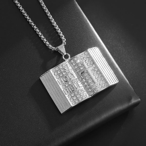 Silver retro Bible book pendant necklace with cross relief and rhinestones on box chain