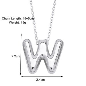 Detail view of silver balloon-style letter W pendant necklace with dimension markings