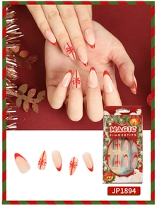 Close-up of red and nude Christmas press-on nails with bow designs and French tips