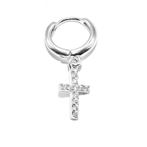 Silver cross hoop earring with sparkling diamonds for a hip-hop street style
