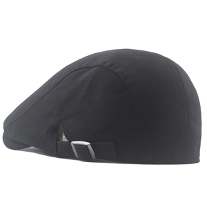 Classic black cotton beret cap for men with adjustable silver metal buckle side view
