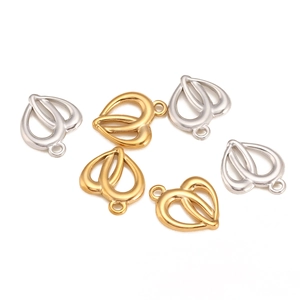 Polished stainless steel double heart pendants in gold and silver for DIY jewelry