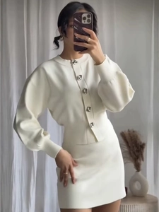Cárdigan De Manga Larga Y Mini Falda De Cintura Alta De Punto Para Mujer Elegante Botón Color Sólido Atuendo