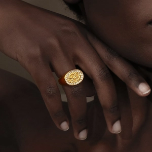 Vintage 18K gold plated stainless steel signet ring with floral relief and zircon stones