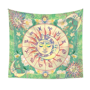 Celestial sun and moon wall tapestry with zodiac signs and floral patterns