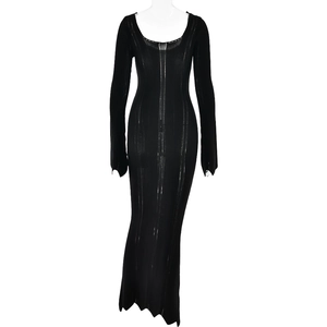 Detail of black long sleeve U-neck knitted maxi dress with sleek ribbed texture
