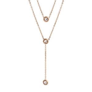 Double-layered rose gold necklace with white zircon pendants on white background