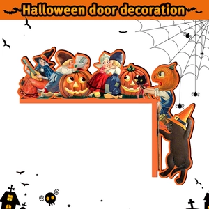 L-shaped Halloween door corner decoration featuring vintage pumpkin and witch illustration