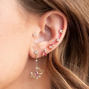 Star Moon Planet Stud Earrings For Women Colorful Gradient Zircon Brass With Silver Earring Post Galaxy Jewelry