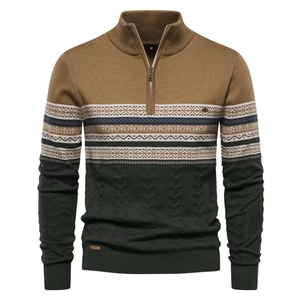 Detail of half-zip knit sweater showing geometric patterns and size M tag on stand