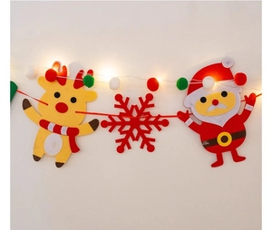 Detail of Christmas felt banner featuring reindeer, snowflake, and Santa with LED lights