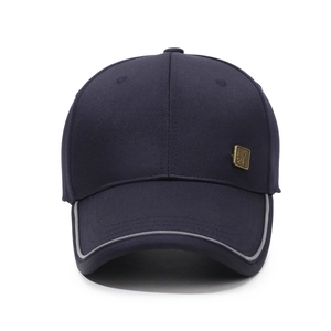 Men's navy blue baseball cap with metal label and reflective brim detail for outdoor use
