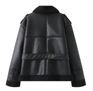 Back view of thick black faux leather shearling jacket with warm lamb wool hem and collar