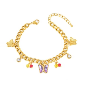 Golden chunky butterfly bracelet with purple crystals and colorful beads on white back