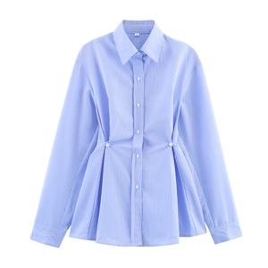 Camicia A Maniche Lunghe A Righe Da Donna Colletto A Revers Bottonata Vita Pieghettata Camicetta Da Ufficio Fibra Di Poliestere Top Eleganti