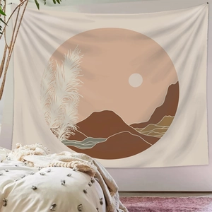 Bohemian tapestry with sun and mountain landscape for aesthetic room decoration