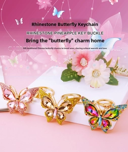 Detailed view of colorful crystal butterfly keychains with rhinestones and alloy plating