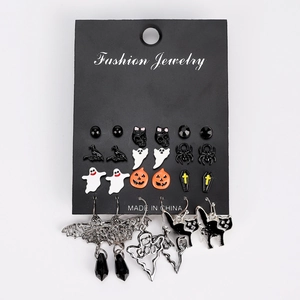 12 pairs of Halloween stud earrings set featuring ghost pumpkin and black cat motifs