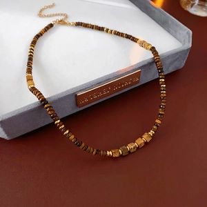 Vintage square tiger eye beaded necklace with gold metal spacers and lobster clasp