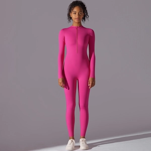 Rose pink long sleeve high elastic yoga catsuit with half-zipper collar for fitness