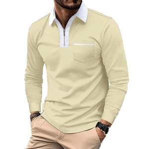 Detail of men's slim fit polo shirt featuring a zip collar and front chest pocket