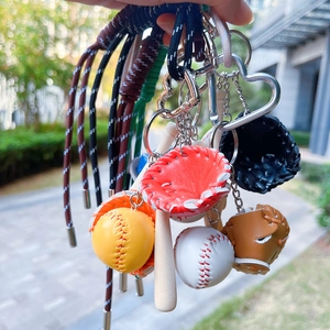 Miniature baseball gloves, bat, and ball keychain set with heart-shaped metal ring