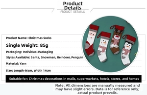 Detailed view of 46x14cm knitted Christmas stockings featuring Santa and elk patterns