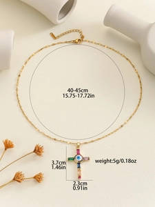 Detailed view of evil eye cross pendant with colored cubic zirconia and size dimensions