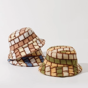 Checkered lamb wool bucket hat in multiple colors with plush texture and grid pattern